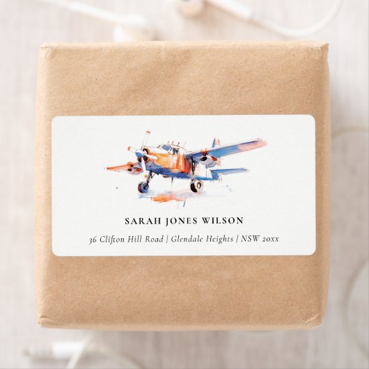 Blauw Sinaasappel Blush Waterverf Air Vliegtuigadr Etiket (Insitu)