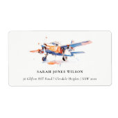 Blauw Sinaasappel Blush Waterverf Air Vliegtuigadr Etiket (Voorkant)