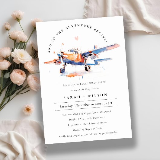 Blauw Sinaasappel Blush Waterverf Vliegtuig Verlov Kaart