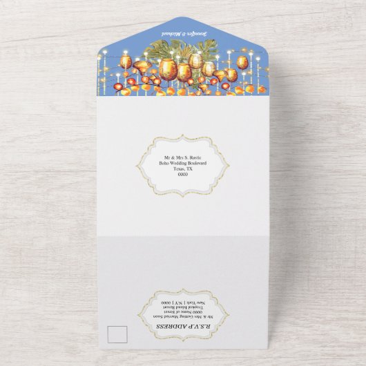 Blauw sinaasappel boho laat hemellantaarns tropisc all in one uitnodiging (Buitenkant)