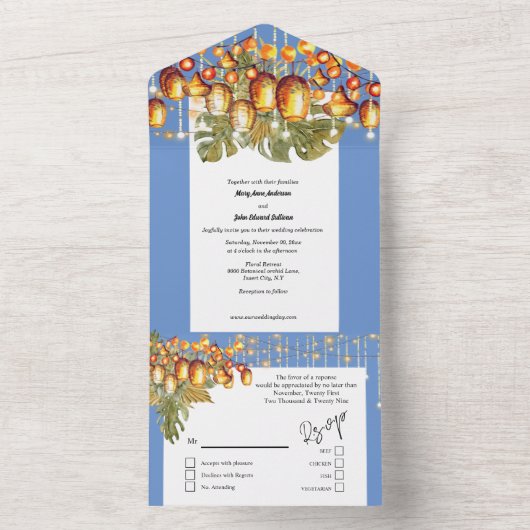 Blauw sinaasappel boho laat hemellantaarns tropisc all in one uitnodiging (Binnen)