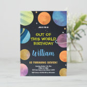 Blauw Sinaasappel Buitenruimte Verjaardagsuitnodig Kaart (Staand voorkant)