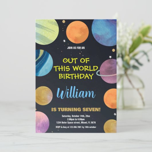 Blauw Sinaasappel Buitenruimte Verjaardagsuitnodig Kaart (Staand voorkant)