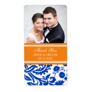Blauw Sinaasappel Damask foto trouwlabels Etiket