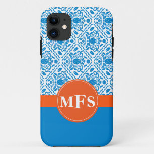 Blauw/Sinaasappel Damask Pattern Initialen iPhone 11 Hoesje