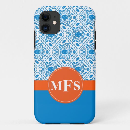 Blauw/Sinaasappel Damask Pattern Initialen iPhone  Case-Mate iPhone Case (Achterkant)