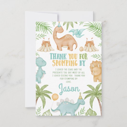 Blauw Sinaasappel Dinosaurus Verjaardag Dankjewel  Bedankkaart (Voorkant)