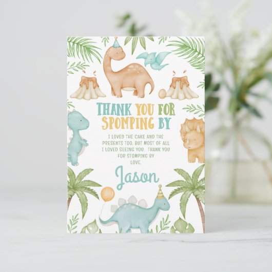 Blauw Sinaasappel Dinosaurus Verjaardag Dankjewel  Bedankkaart (Staand voorkant)