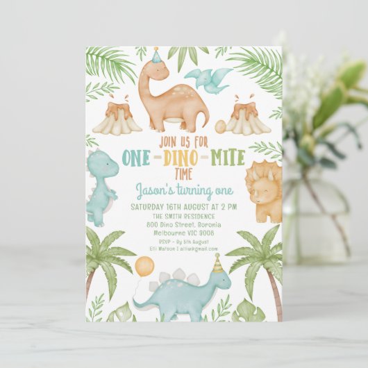 Blauw Sinaasappel Een Dino Mite Dinosaurus 1e Verj Kaart (Staand voorkant)