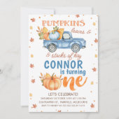 Blauw Sinaasappel één pompoenwagen 1 geboortedag Kaart (Voorkant)