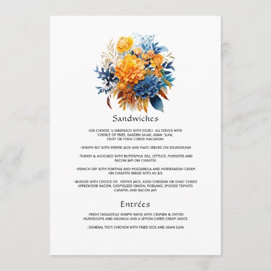 Blauw, Sinaasappel en geel Bloemen bruiloft Menu (Achterkant)