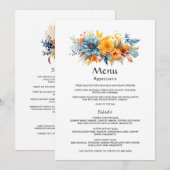 Blauw, Sinaasappel en geel Bloemen bruiloft Menu (Voorkant / Achterkant)