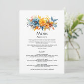 Blauw, Sinaasappel en geel Bloemen bruiloft Menu (Staand voorkant)