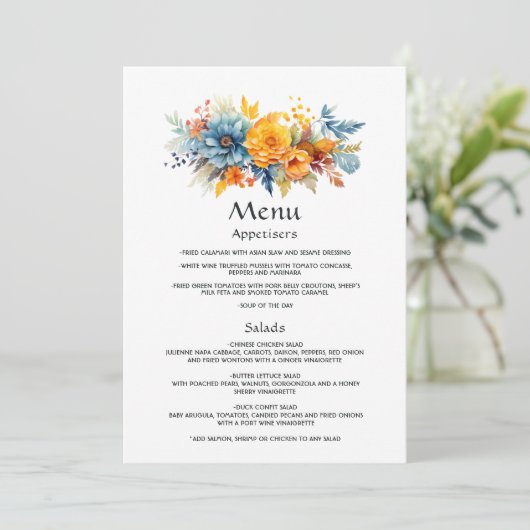 Blauw, Sinaasappel en geel Bloemen bruiloft Menu (Staand voorkant)