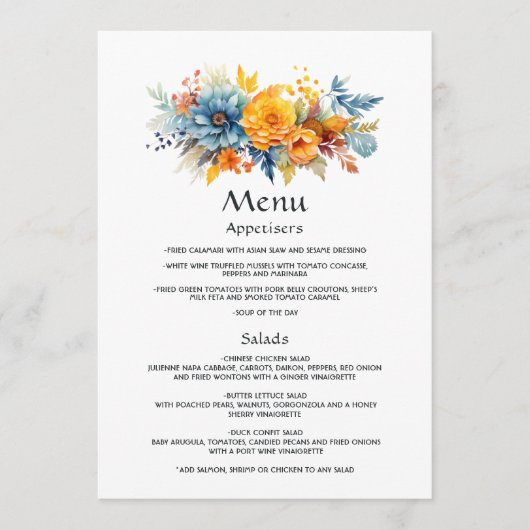 Blauw, Sinaasappel en geel Bloemen bruiloft Menu (Voorkant)