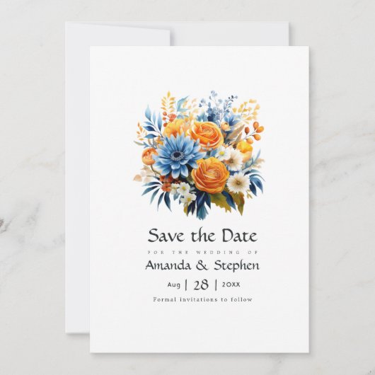 Blauw, Sinaasappel en geel Bloemen bruiloft Save The Date (Voorkant)