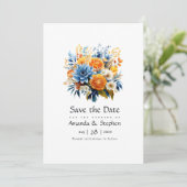 Blauw, Sinaasappel en geel Bloemen bruiloft Save The Date (Staand voorkant)