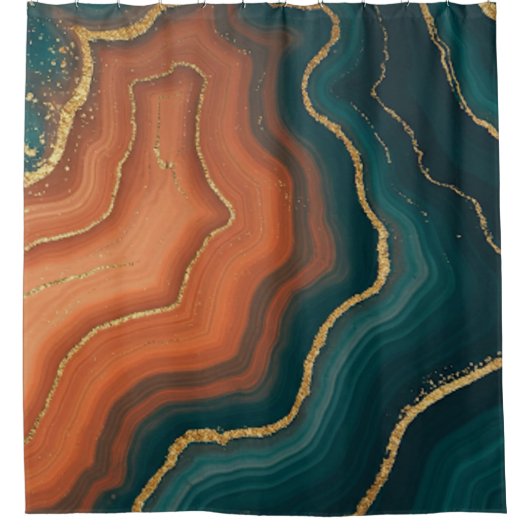 Blauw Sinaasappel en Goud Geode-Geïnspireerd Douchegordijn (Voorkant)