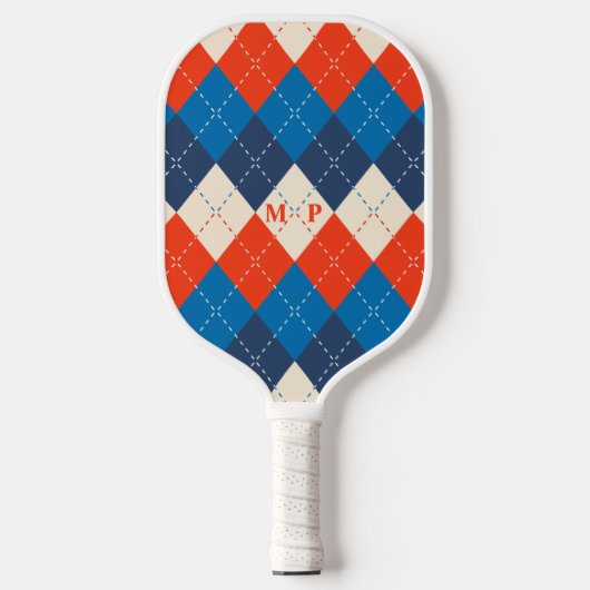 Blauw, Sinaasappel, en Wit Preppy, Sportieve Argyl Pickleball Paddle (Voorkant)