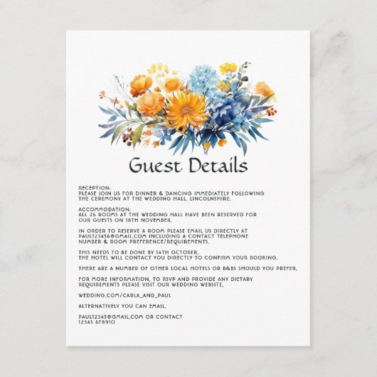 Blauw, Sinaasappel & geel Bloemen bruiloft Gast De Informatiekaartje (Voorkant)