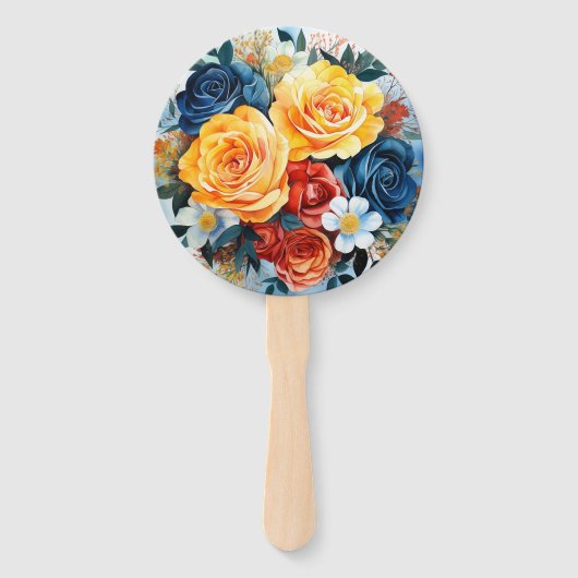 Blauw, Sinaasappel, Geel en Rood Bloemen Bruiloft Handwaaier (Achterkant)