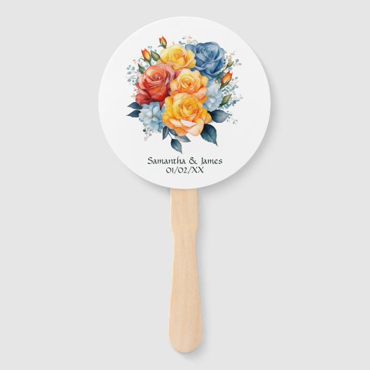 Blauw, Sinaasappel, Geel en Rood Bloemen Bruiloft Handwaaier (Voorkant)