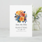 Blauw, Sinaasappel, Geel en Rood Bloemen Bruiloft Save The Date (Staand voorkant)
