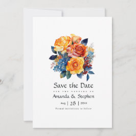 Blauw, Sinaasappel, Geel en Rood Bloemen Bruiloft Save The Date