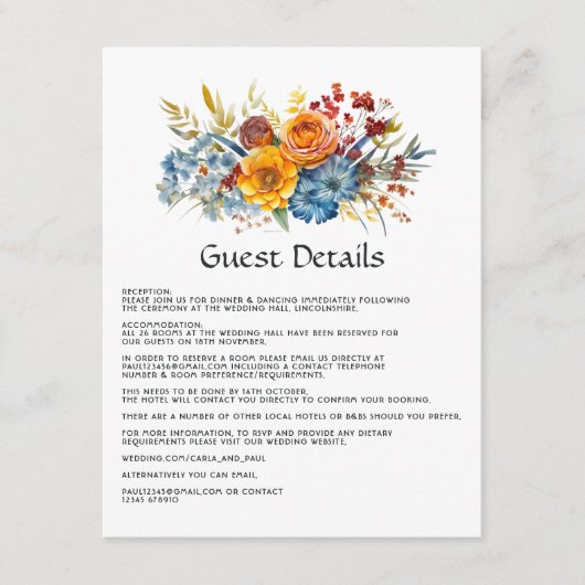 Blauw, Sinaasappel, Geel en Rood Bloemen Gast Deta Informatiekaartje (Voorkant)