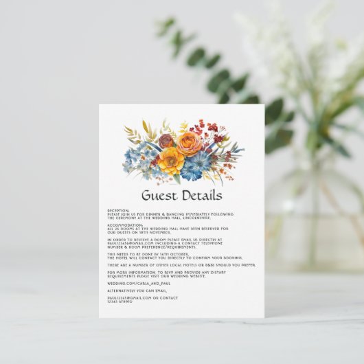 Blauw, Sinaasappel, Geel en Rood Bloemen Gast Deta Informatiekaartje (Staand voorkant)