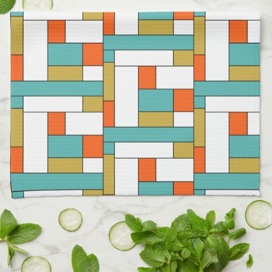 Blauw Sinaasappel Goud Retro Kleur Blok Patroon Theedoek (Gevouwen)