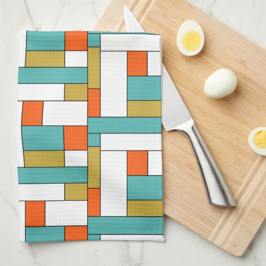 Blauw Sinaasappel Goud Retro Kleur Blok Patroon Theedoek (Quarter Fold)