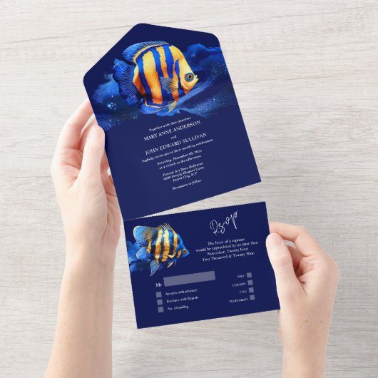 Blauw sinaasappel gouden rif koraal vis onderwater all in one uitnodiging (Afscheurbaar)