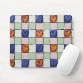 Blauw sinaasappel groen hart gingham Muismat