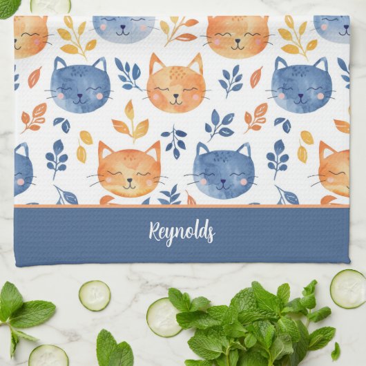 Blauw Sinaasappel Happy Cat Faces Theedoek (Gevouwen)