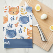 Blauw Sinaasappel Happy Cat Faces Theedoek (Quarter Fold)