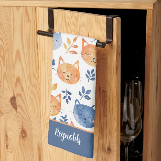 Blauw Sinaasappel Happy Cat Faces Theedoek (Derde Gevouwen)