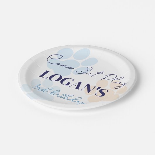 Blauw Sinaasappel Hondenpoot Print Verjaardagsfees Papieren Bordje (Gekanteld)