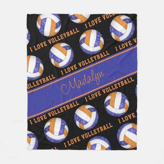blauw sinaasappel Ik hou van volleybal girly perso Fleece Deken (Voorkant)