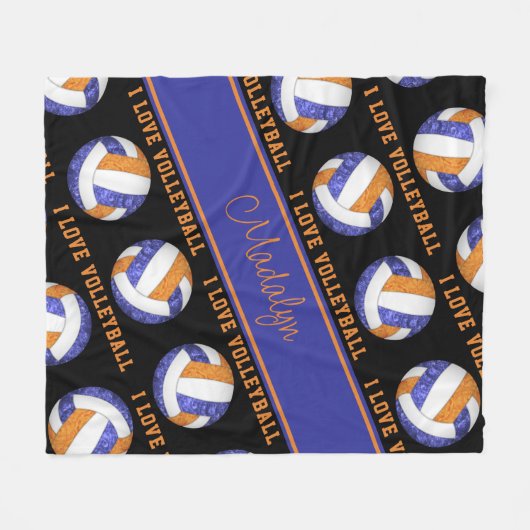 blauw sinaasappel Ik hou van volleybal girly perso Fleece Deken (Voorkant (Horizontaal))