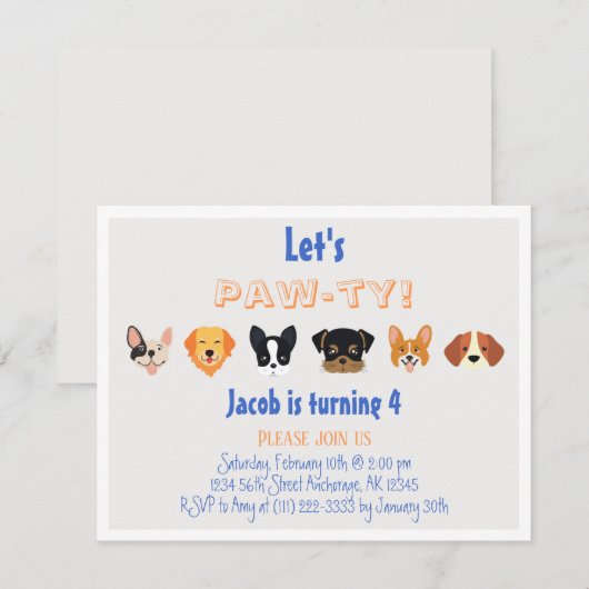 Blauw Sinaasappel Laten we Pawty Puppy Boy Birthda Kaart (Voorkant / Achterkant)