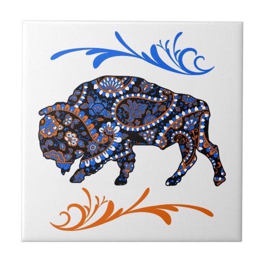 Blauw Sinaasappel Mozaïek Bison Art Tegeltje (Voorkant)