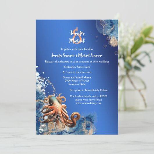 Blauw sinaasappel octopus bruiloft strand thema kaart (Staand voorkant)