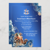 Blauw sinaasappel octopus bruiloft strand thema kaart (Voorkant / Achterkant)