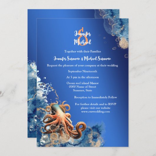 Blauw sinaasappel octopus bruiloft strand thema kaart (Voorkant / Achterkant)