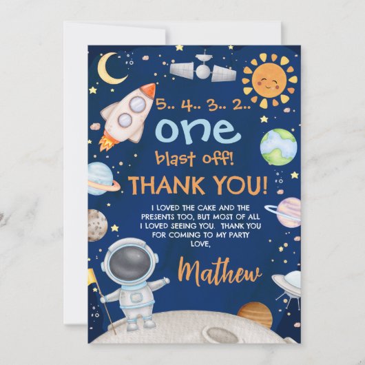 Blauw Sinaasappel Outer Space Verjaardag Dank u ka Kaart (Voorkant)
