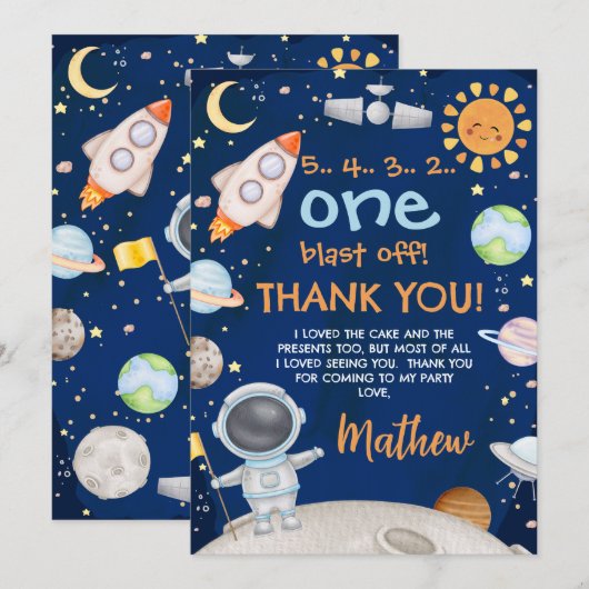 Blauw Sinaasappel Outer Space Verjaardag Dank u ka Kaart (Voorkant / Achterkant)