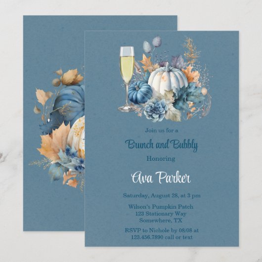 Blauw Sinaasappel Pumpkin Peony Brunch en Bubbly Kaart (Voorkant / Achterkant)