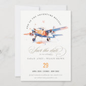 Blauw Sinaasappel Roze Waterverf Vliegtuig Foto br Save The Date (Voorkant)