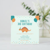 Blauw Sinaasappel Schattige Dinosaurus Verjaardags Kaart (Staand voorkant)